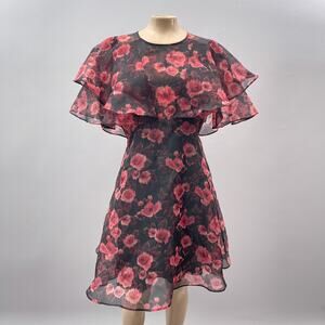 Topshop Dress Women US 6 Black Floral Organza Mini Ruffle Capelet Cocktail NEW